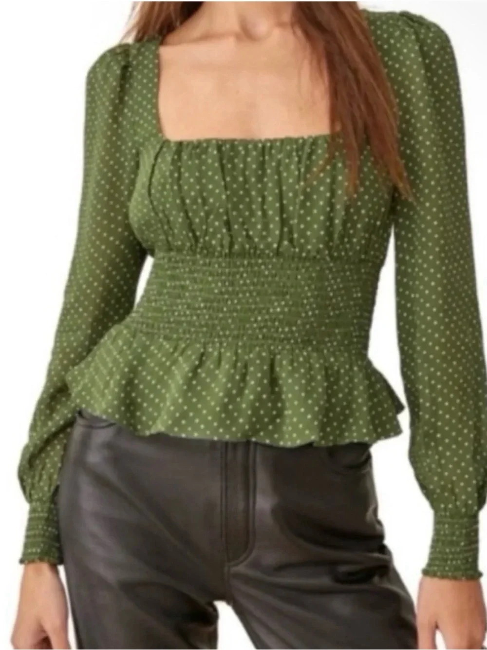 Reformation Size 6 Hearth Green Polka Dot Smocked Blouse Lined Key Hole Back